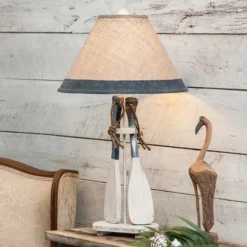 Navy Paddles & Rope Table Lamp With Burlap Shade
